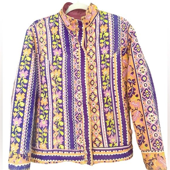 Vintage Jackets & Blazers - Vintage 70's Reversible Bright Orange and Purple Floral Print Jean Jacket Large